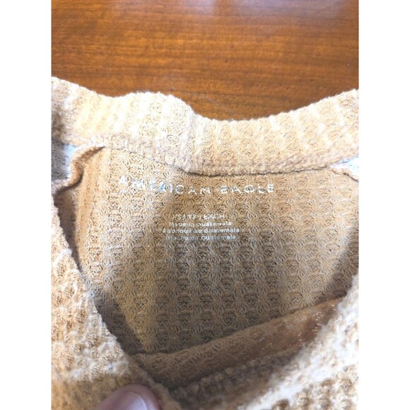 American Eagle Sweater XS Tan Grey Colorblock Waffle Knit Soft Thermal Y2k Top - Picture 2 of 3